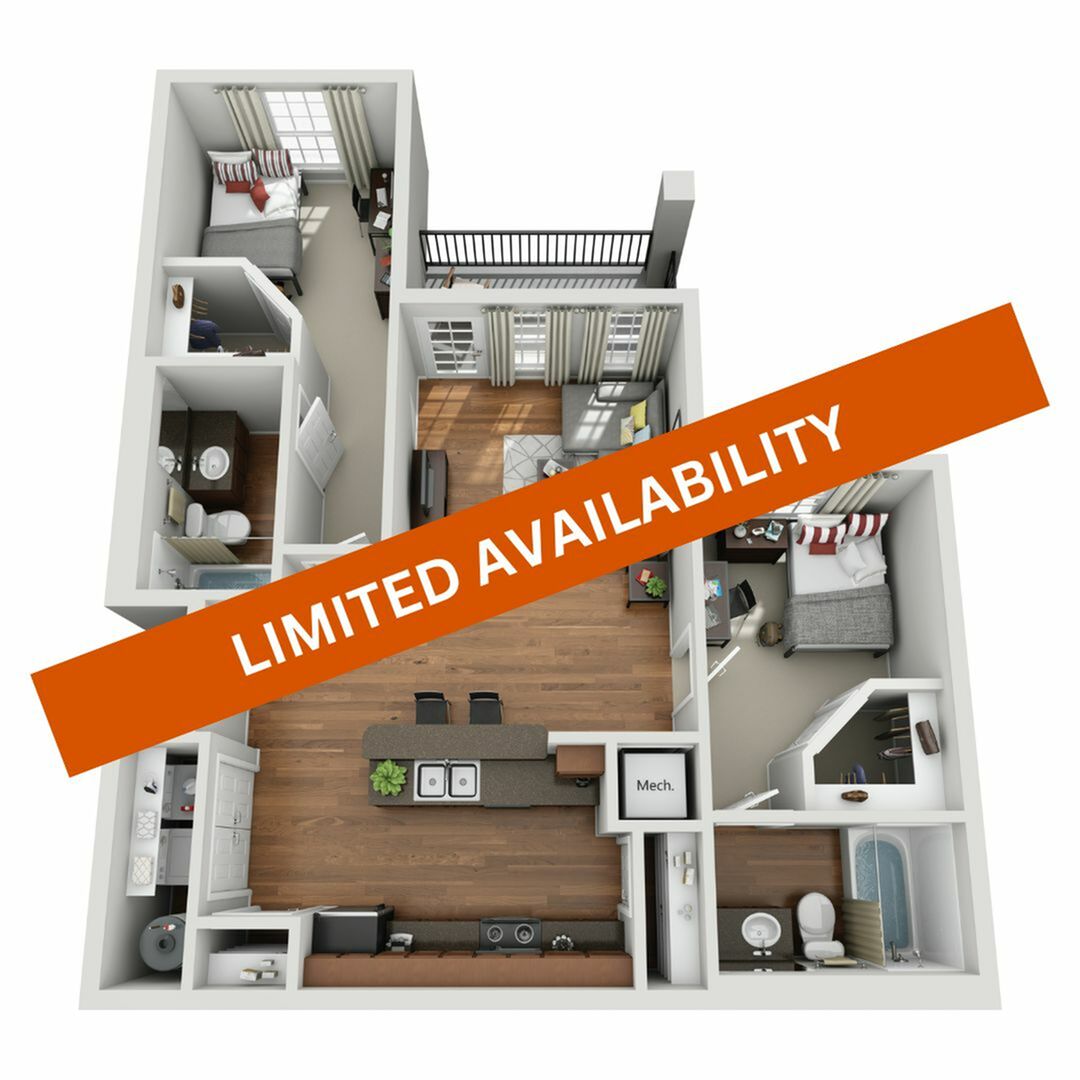 A 3D image of the 2BR/2BA – Tech floorplan, a 844 squarefoot, 2 bed / 2 bath unit