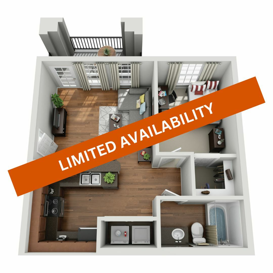 A 3D image of the 1BR/1BA – Tech floorplan, a 553 squarefoot, 1 bed / 1 bath unit